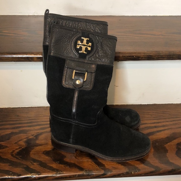 Tory Burch Black Suede Leather Cuff Mid Calf Boots Size 7 - Picture 9 of 16